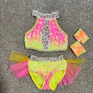 Glamour Neon Pink and Yellow Kids Dance Costume